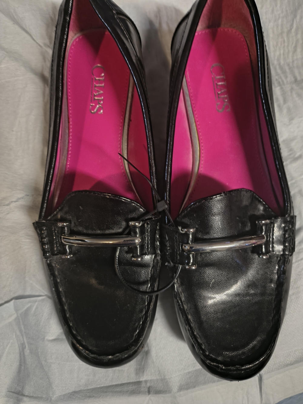 CHAPS Women's Black Leather Loafers with Pink Insole